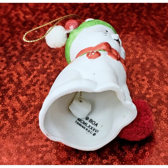 Cat Porcelain Bell Ornament Christmas Ring-A-Lings BOA 1988 Hat Scarf Fluff Tail - Picture 10 of 11